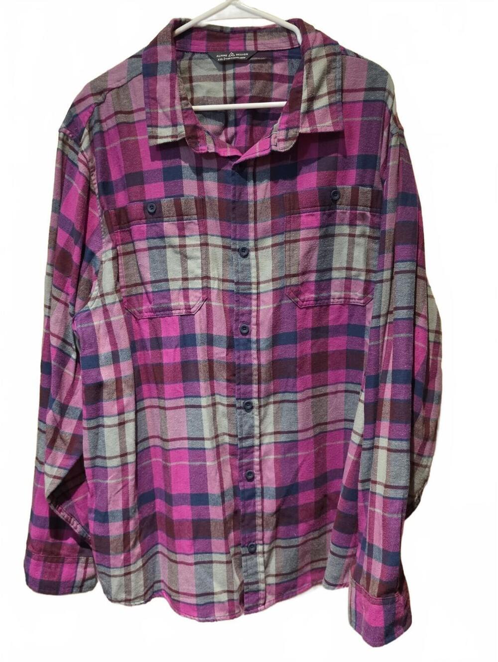 Alpine Design Flannel Shirt Mens 2XL Purple Gray Plaid Button Up Long Sleeve